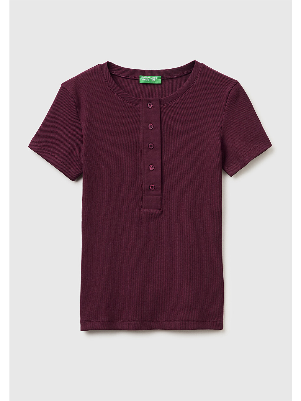 Kadın Bordo Pamuk Karışımlı Önü Düğme Detaylı Yuvarlak Yaka T-shirt