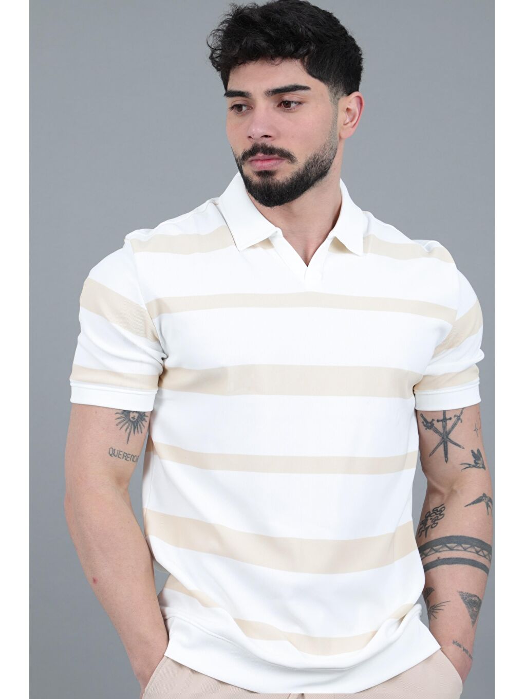 Bej Çift Renk Çizgili Apaç Yaka Tişört GP 1042_30494-1