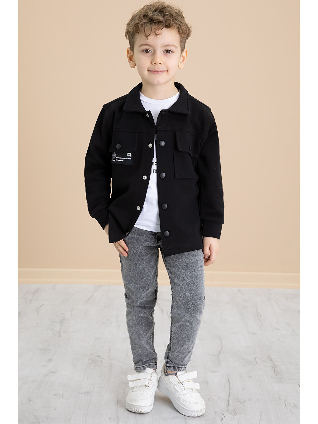 Siyah Cep Kapaklı Gömlekli Jean Pantolonlu Erkek Çocuk 3'lü Takım 20022