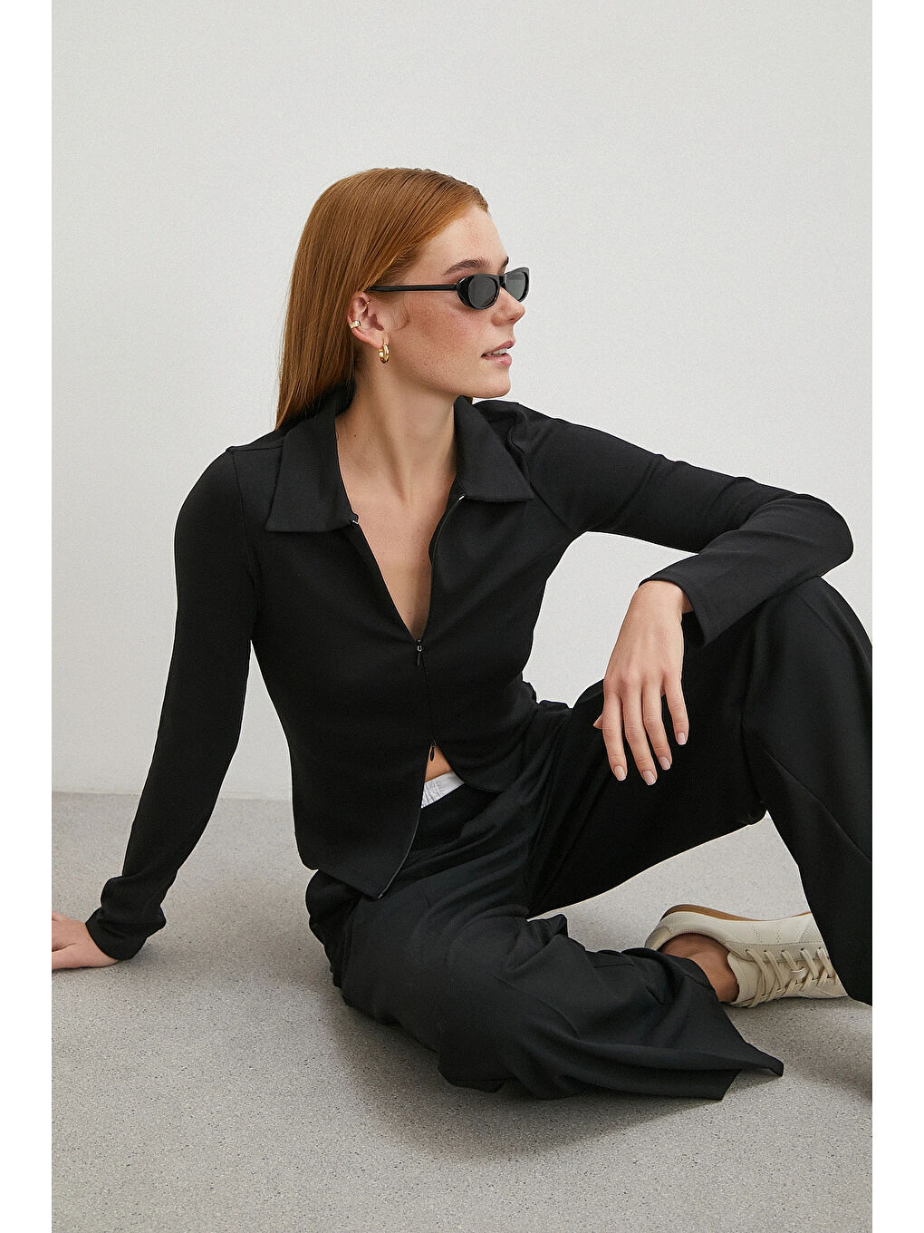 Yakalı Çift Fermuarlı Bluz Siyah