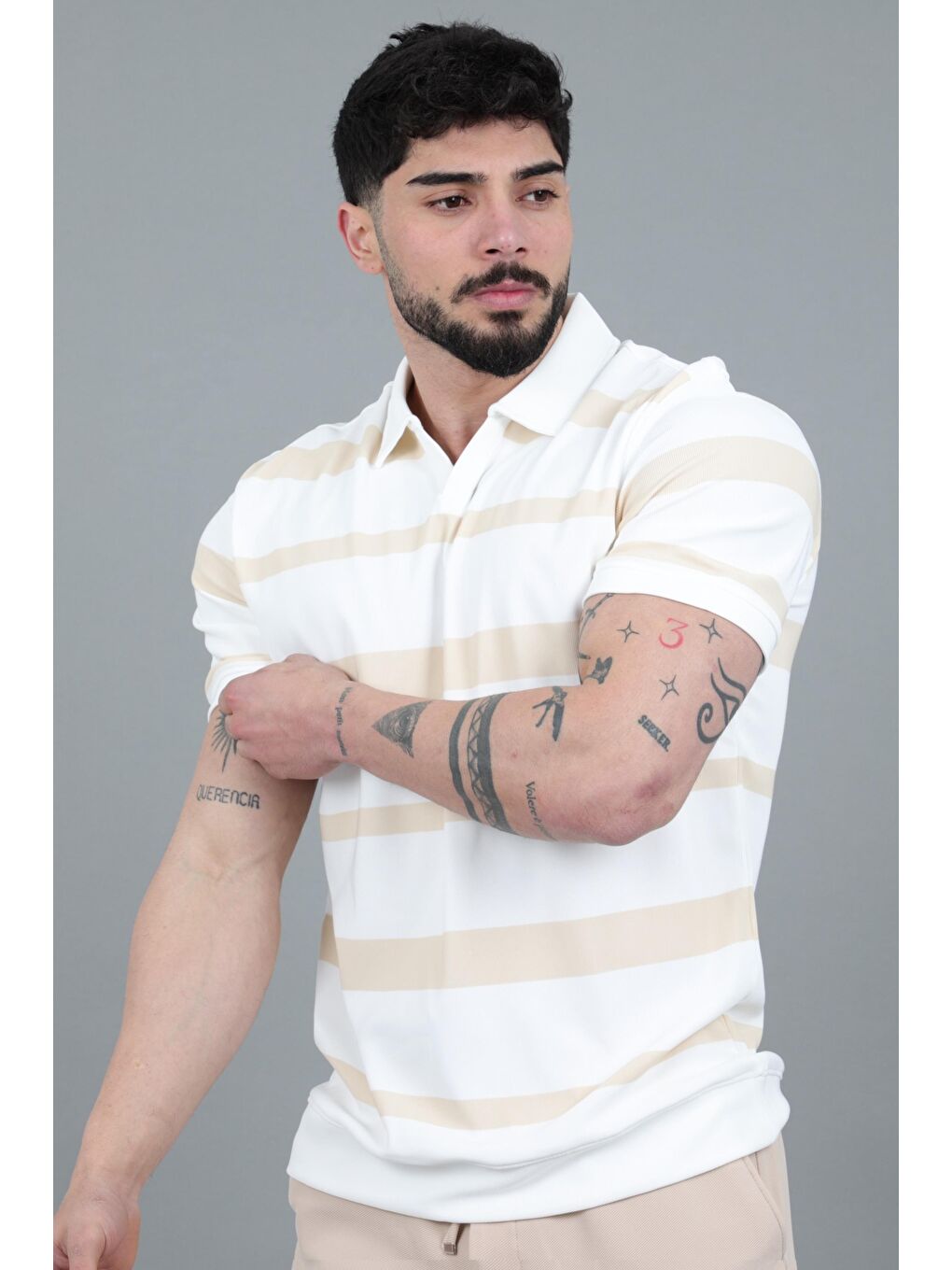 Bej Çift Renk Çizgili Apaç Yaka Tişört GP 1042_30494-2