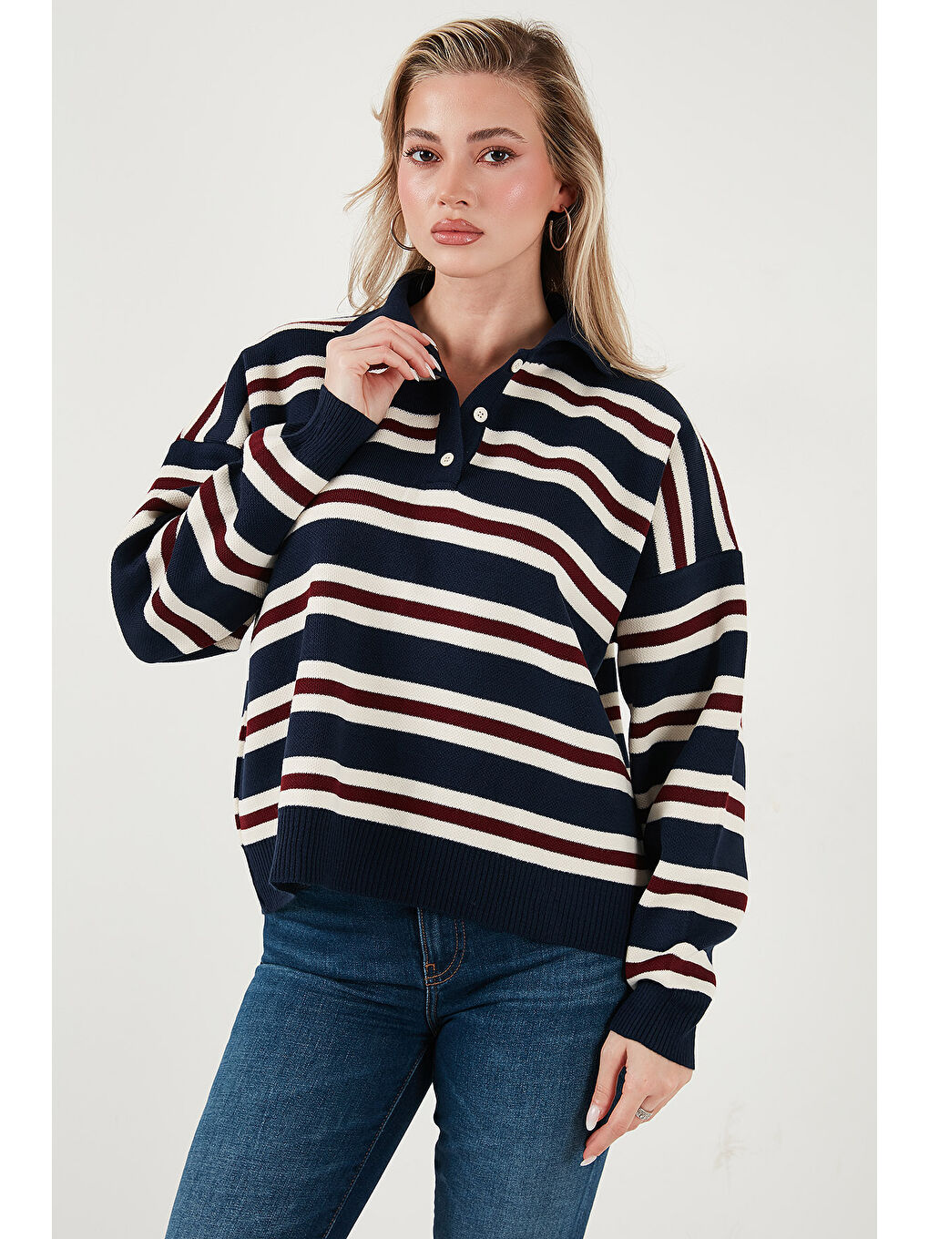 Lacivert Çizgili Oversize Fit Düğmeli Polo Yaka Kazak 4615259-2