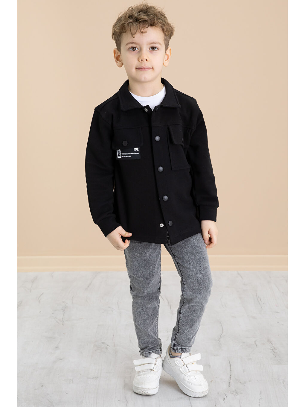 Siyah Cep Kapaklı Gömlekli Jean Pantolonlu Erkek Çocuk 3'lü Takım 20022-1