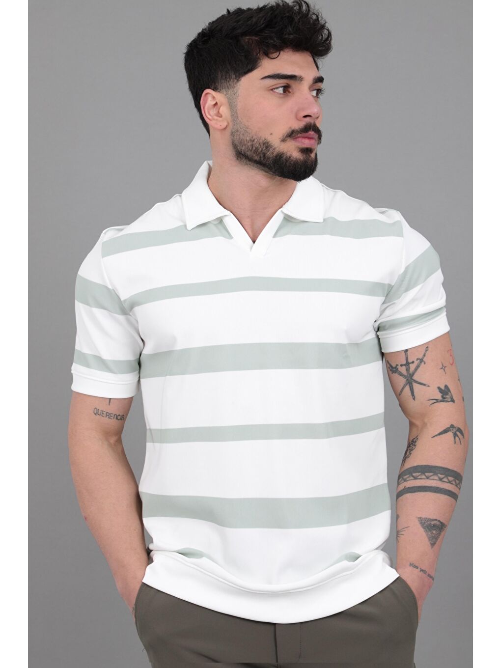 Turkuaz Çift Renk Çizgili Apaç Yaka Tişört GP 1042_30494