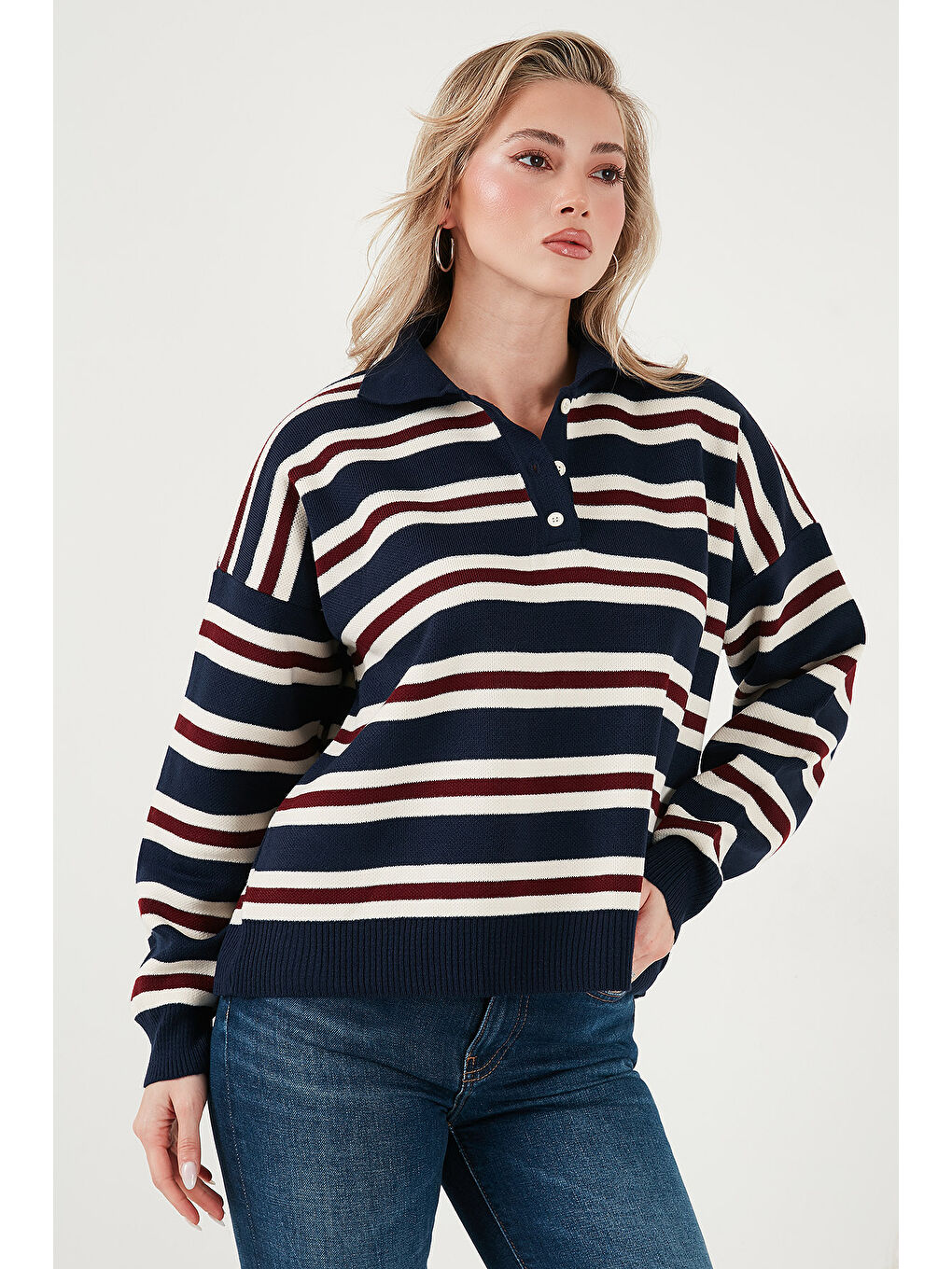 Lacivert Çizgili Oversize Fit Düğmeli Polo Yaka Kazak 4615259-3