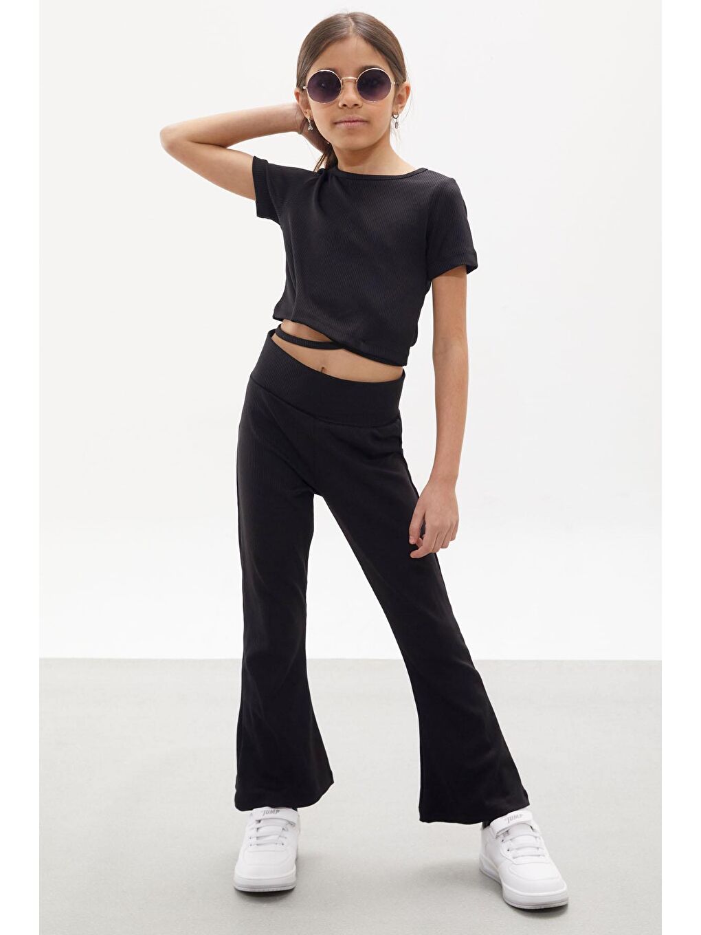 Siyah İspanyol Paça Taytlı Bel Bağlamalı Croplu Kız Çocuk Takım 18107