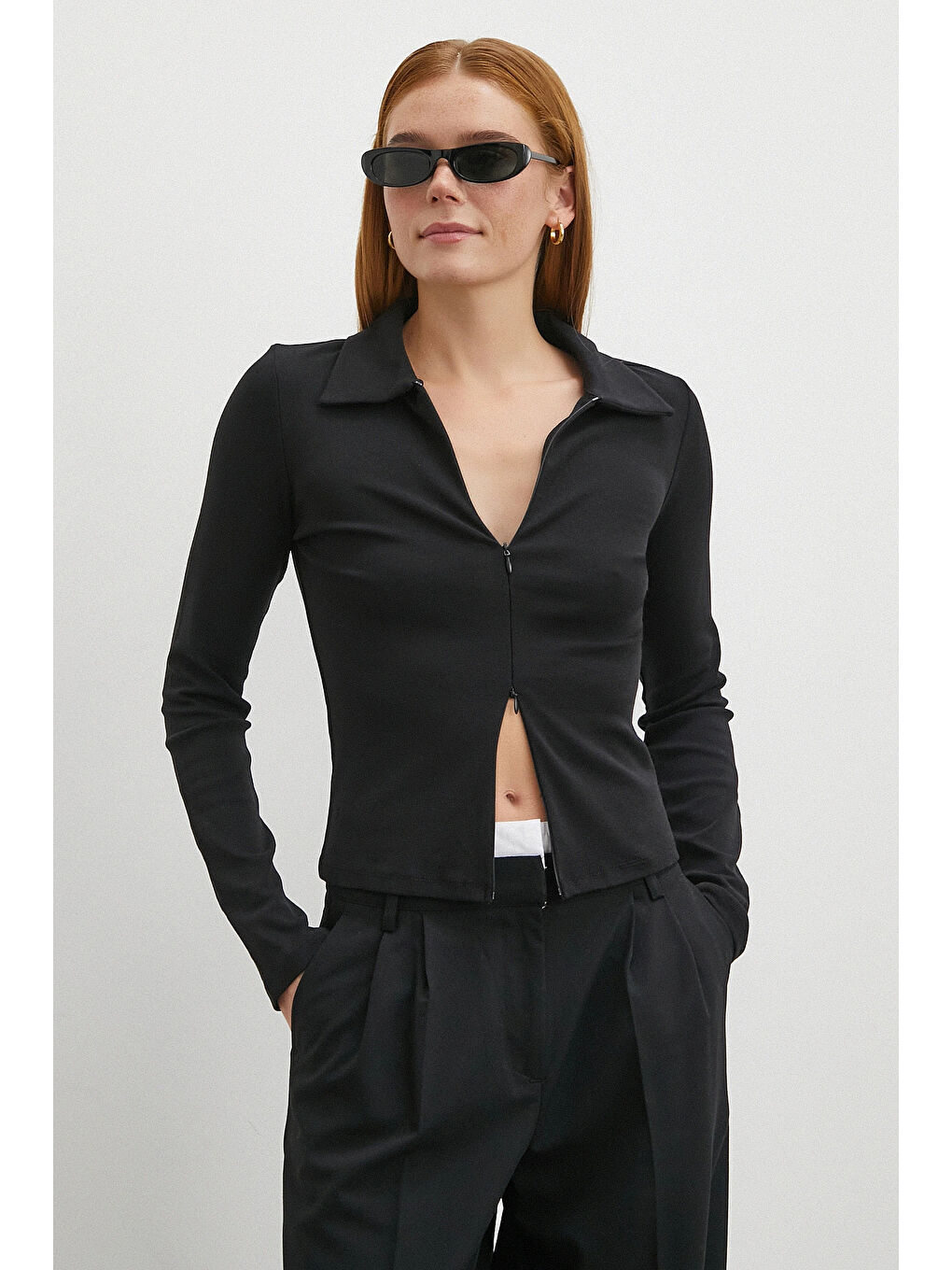 Yakalı Çift Fermuarlı Bluz Siyah-2