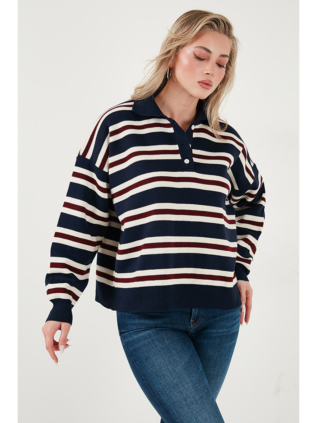 Lacivert Çizgili Oversize Fit Düğmeli Polo Yaka Kazak 4615259-4