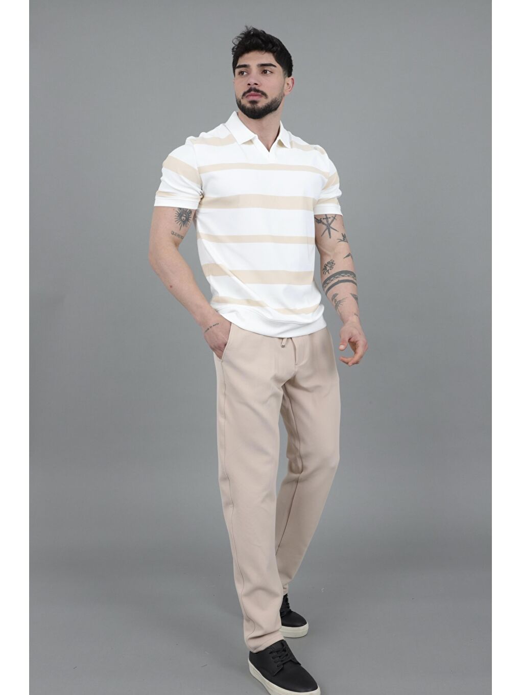 Bej Çift Renk Çizgili Apaç Yaka Tişört GP 1042_30494-4