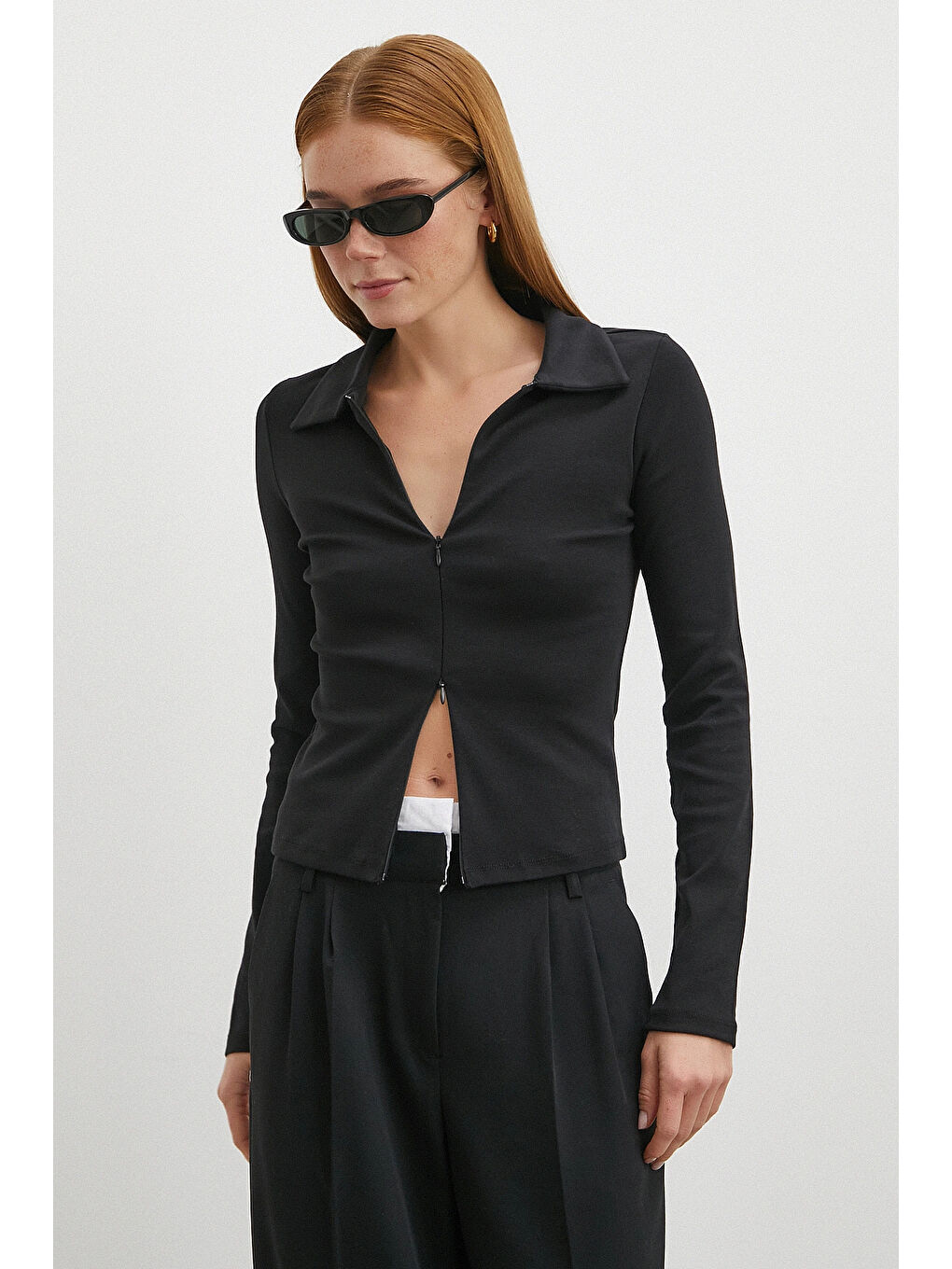 Yakalı Çift Fermuarlı Bluz Siyah-3