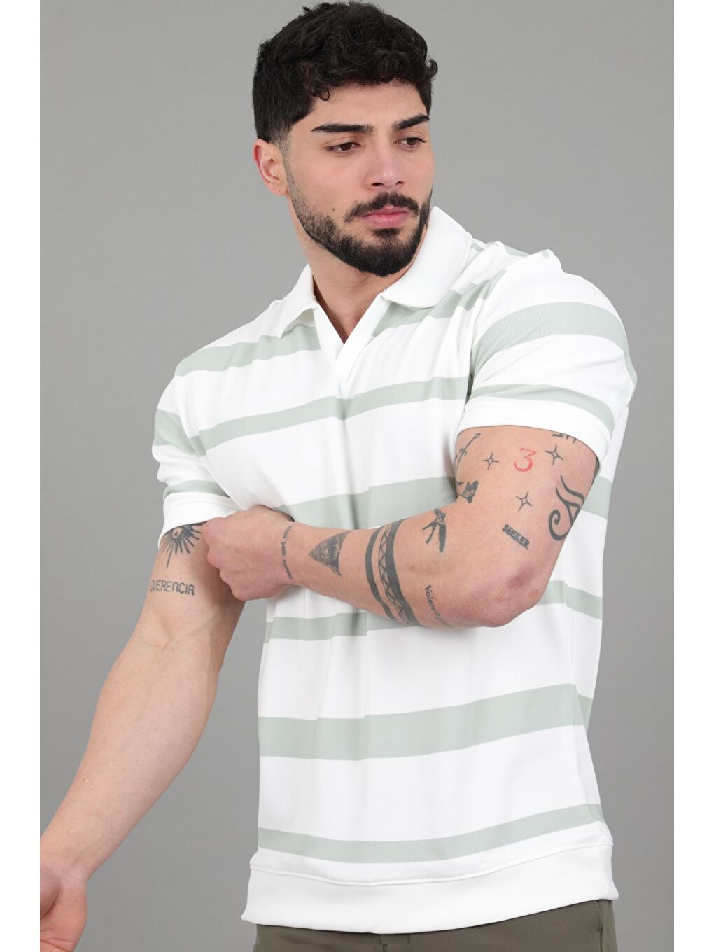 Turkuaz Çift Renk Çizgili Apaç Yaka Tişört GP 1042_30494-1