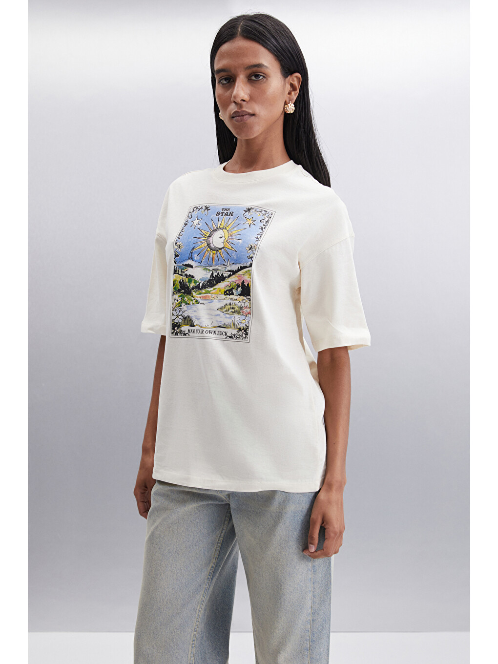 Bej Enya Kadın Baskı Detaylı Oversize Fit Bol Kesim Bisiklet Yakalı %100 Organik Pamuklu Vanilya T-shirt-2