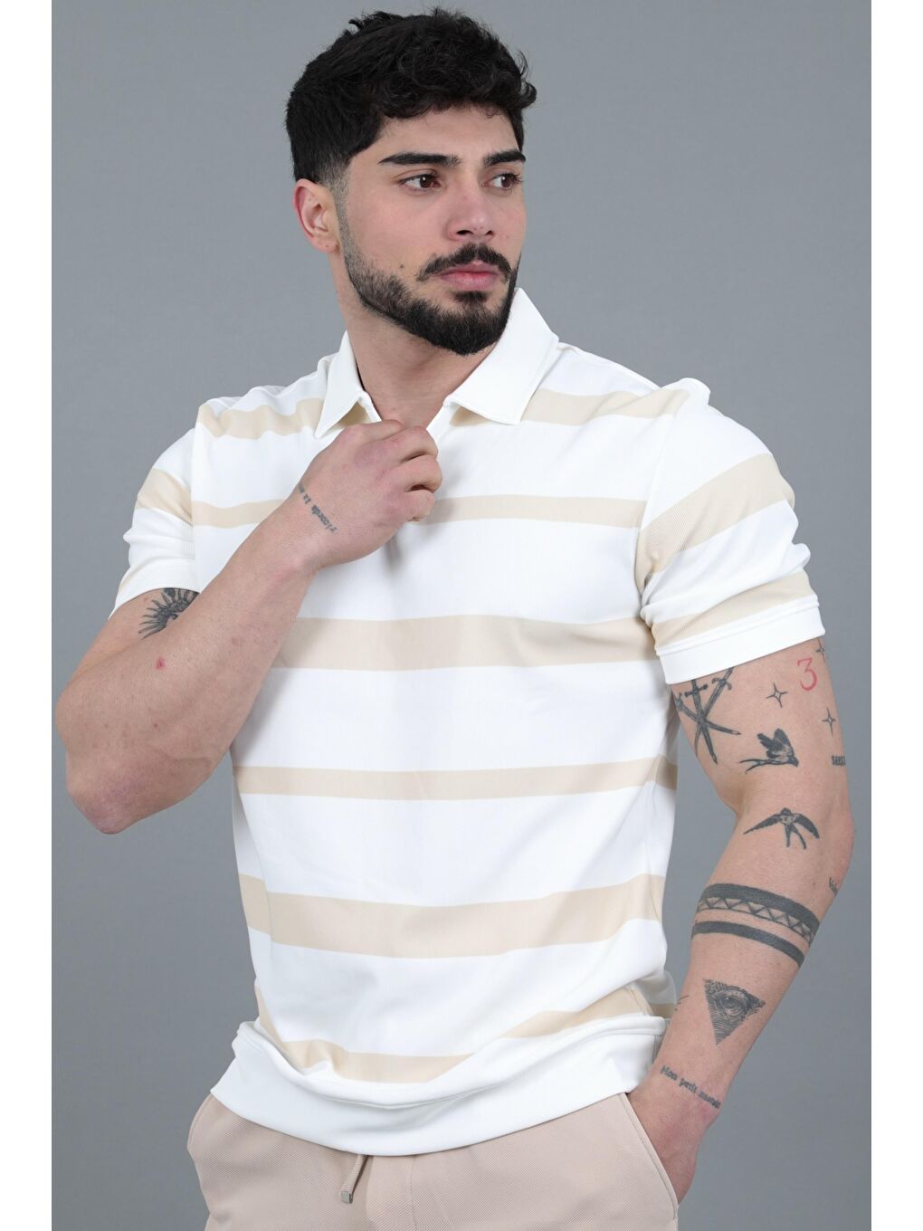 Bej Çift Renk Çizgili Apaç Yaka Tişört GP 1042_30494-5