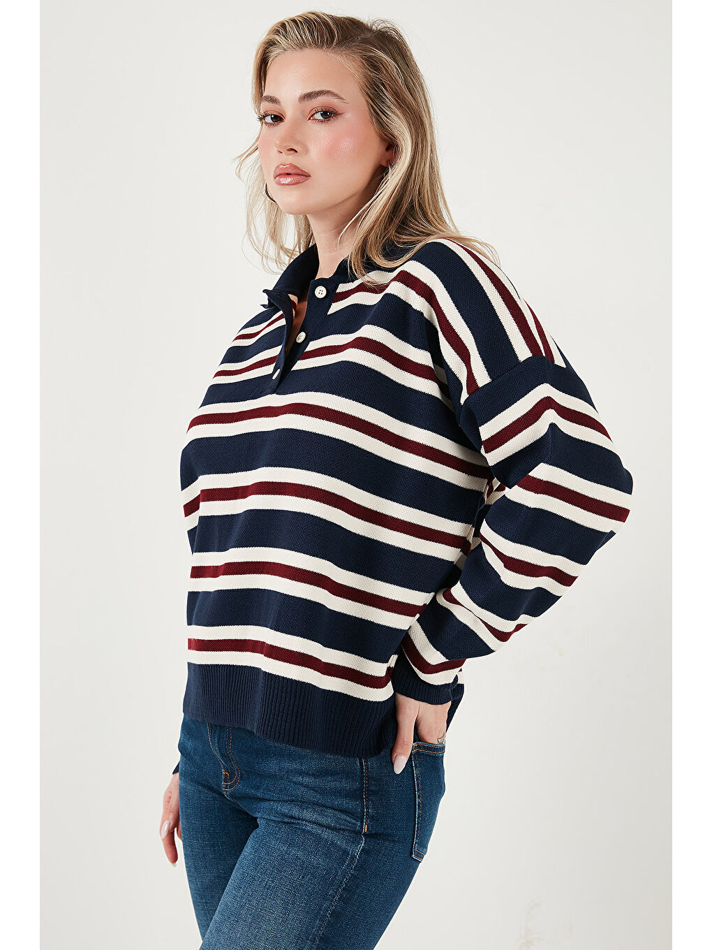 Lacivert Çizgili Oversize Fit Düğmeli Polo Yaka Kazak 4615259-5