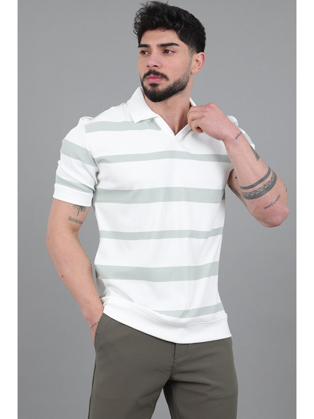 Turkuaz Çift Renk Çizgili Apaç Yaka Tişört GP 1042_30494-2