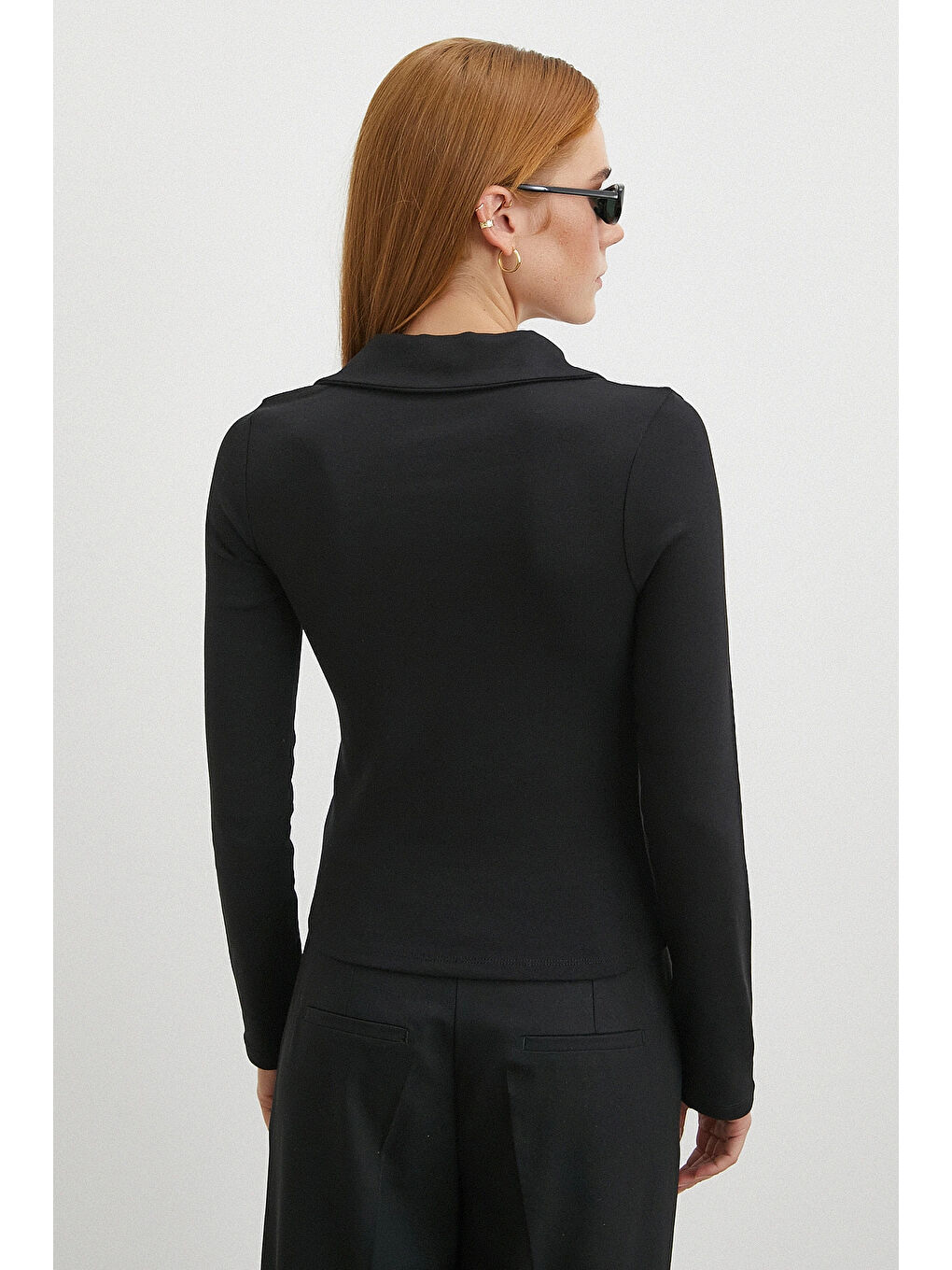 Yakalı Çift Fermuarlı Bluz Siyah-5