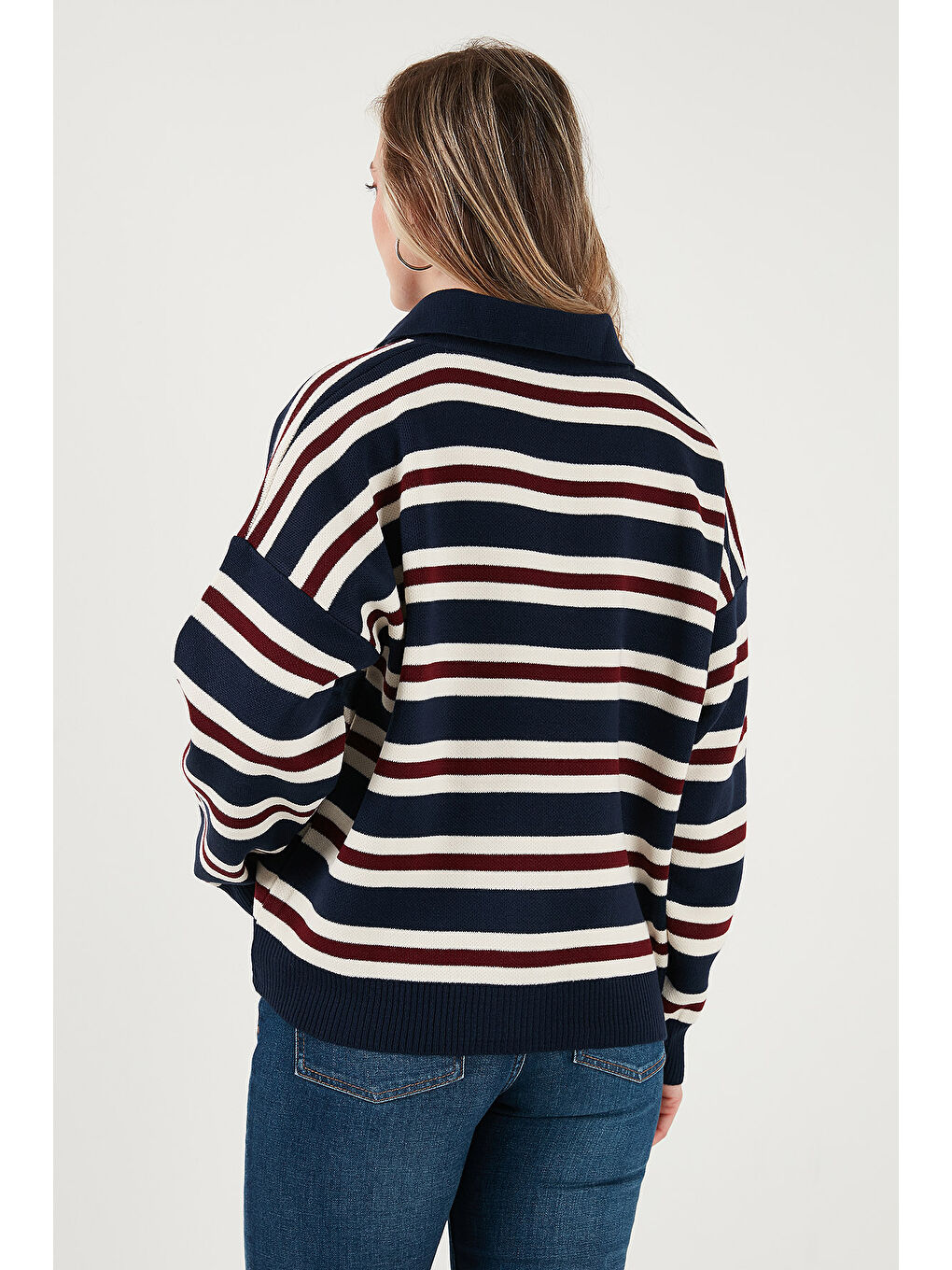 Lacivert Çizgili Oversize Fit Düğmeli Polo Yaka Kazak 4615259-6