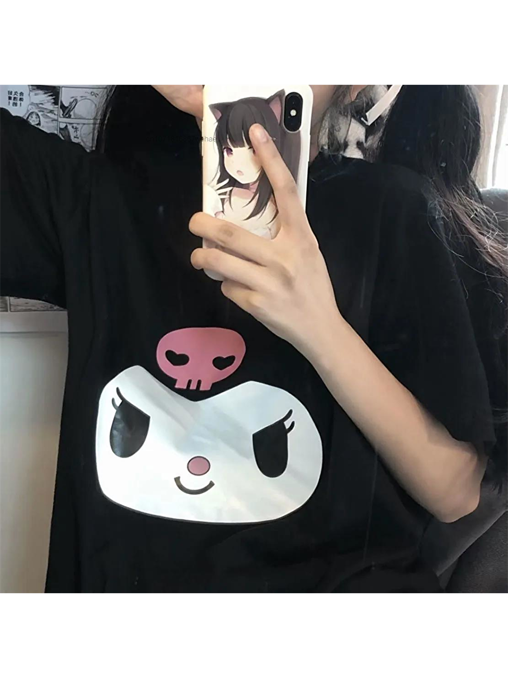 Touz Moda Siyah Kuromi Face Baskılı Siyah Unisex Oversize T-shirt