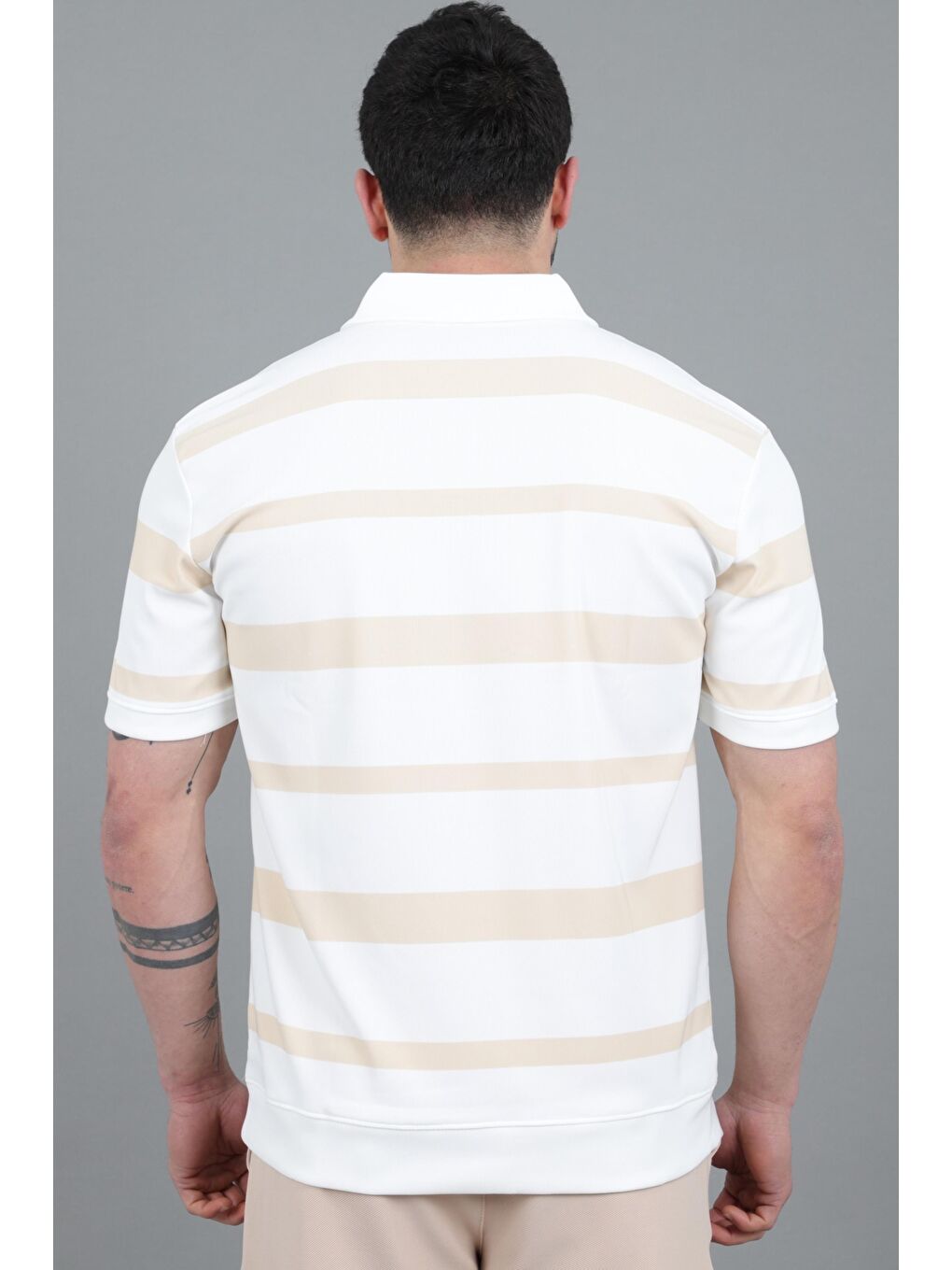 Bej Çift Renk Çizgili Apaç Yaka Tişört GP 1042_30494-6