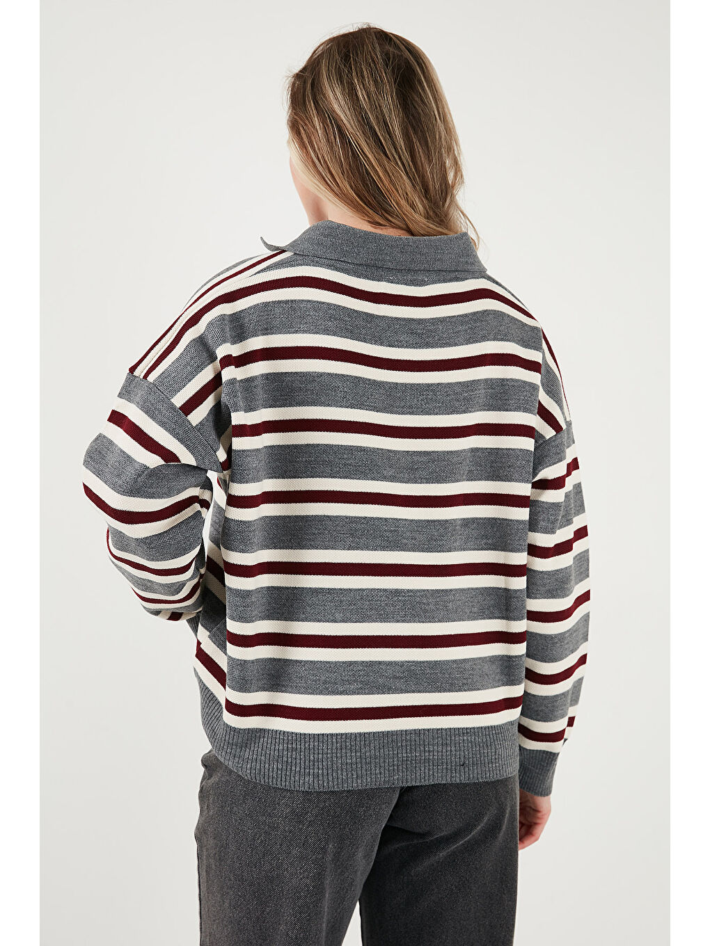 Gri Çizgili Oversize Fit Düğmeli Polo Yaka Kazak 4615259-5