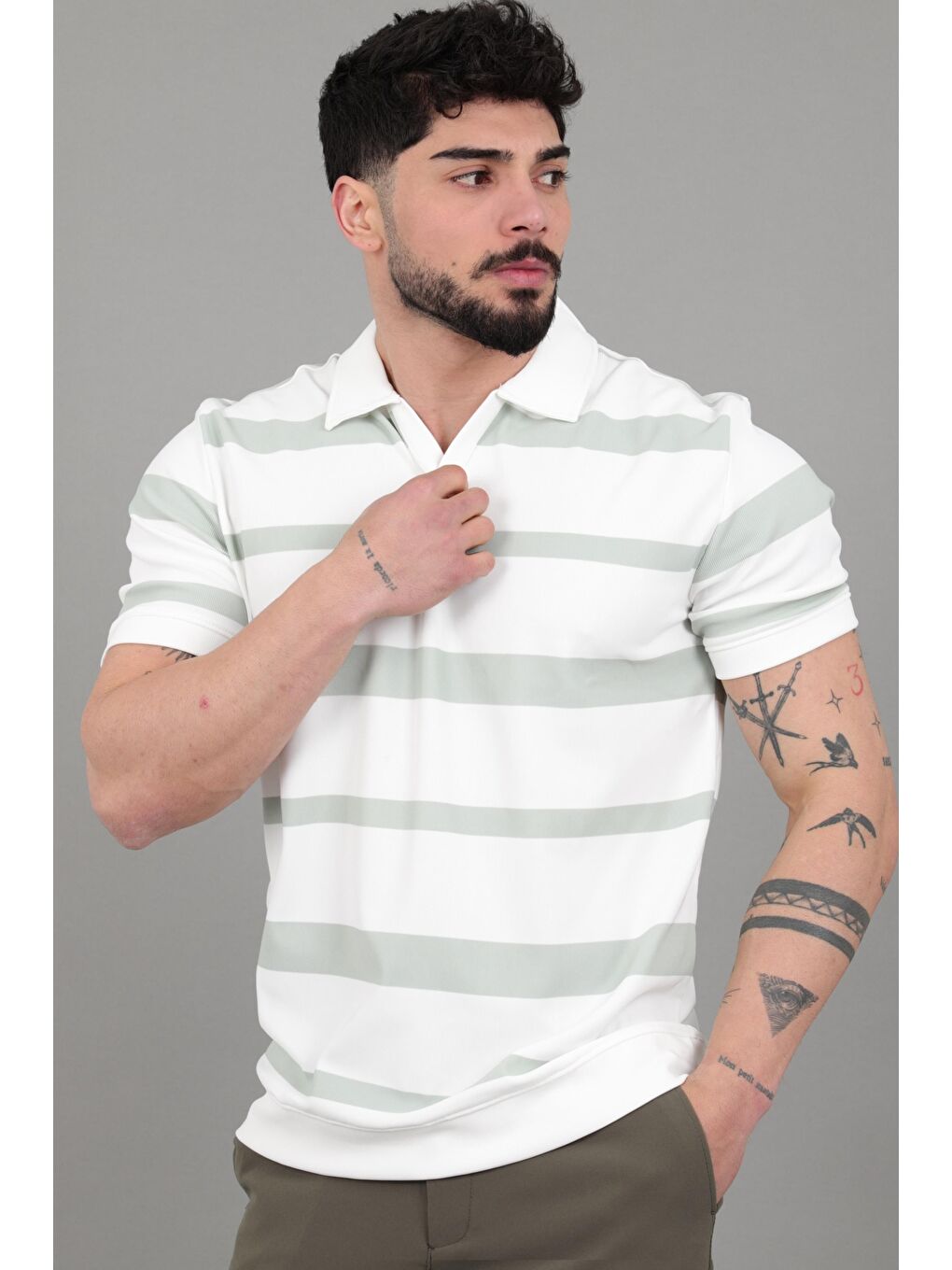 Turkuaz Çift Renk Çizgili Apaç Yaka Tişört GP 1042_30494-3