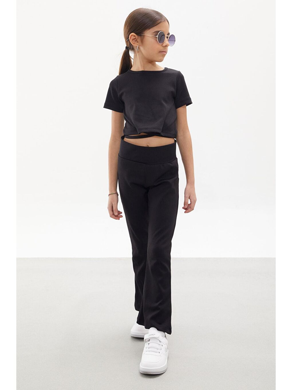 Siyah İspanyol Paça Taytlı Bel Bağlamalı Croplu Kız Çocuk Takım 18107-2