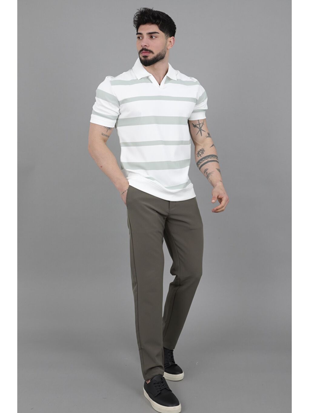 Turkuaz Çift Renk Çizgili Apaç Yaka Tişört GP 1042_30494-4