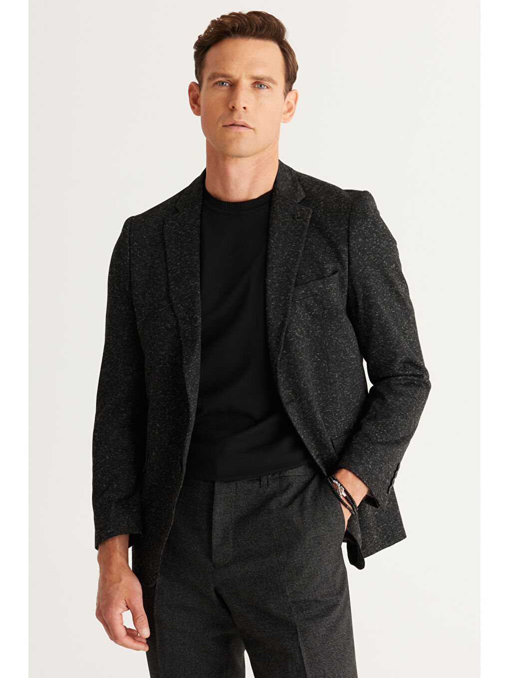 Erkek Siyah-Gri Slim Fit Geniş Kesim Mono Yaka Desenli Yünlü Ceket