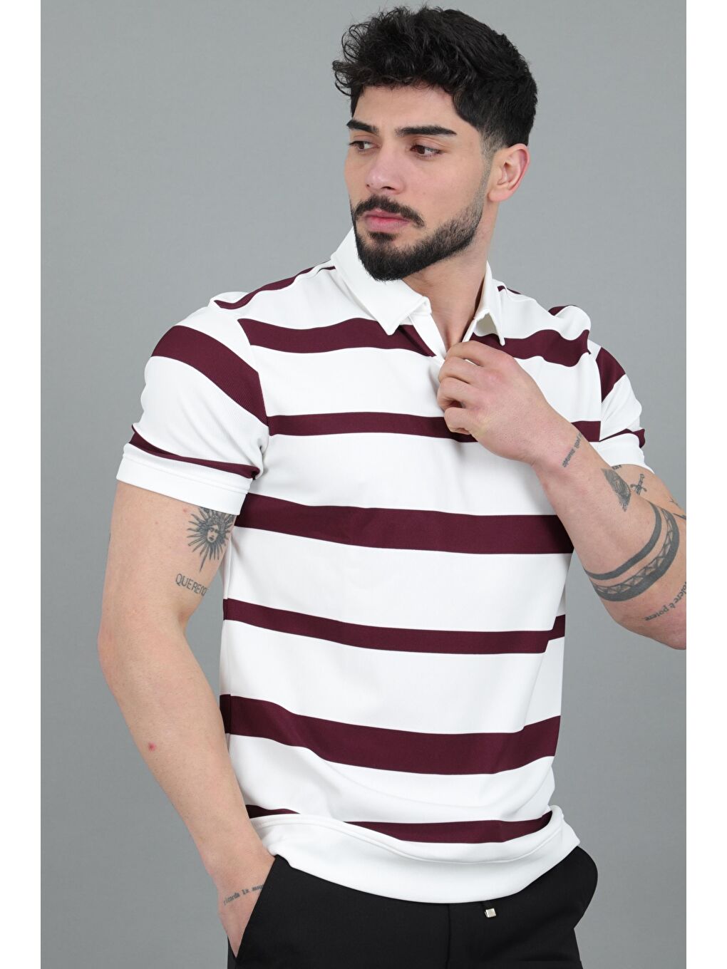 Mürdüm Çift Renk Çizgili Apaç Yaka Tişört GP 1042_30494