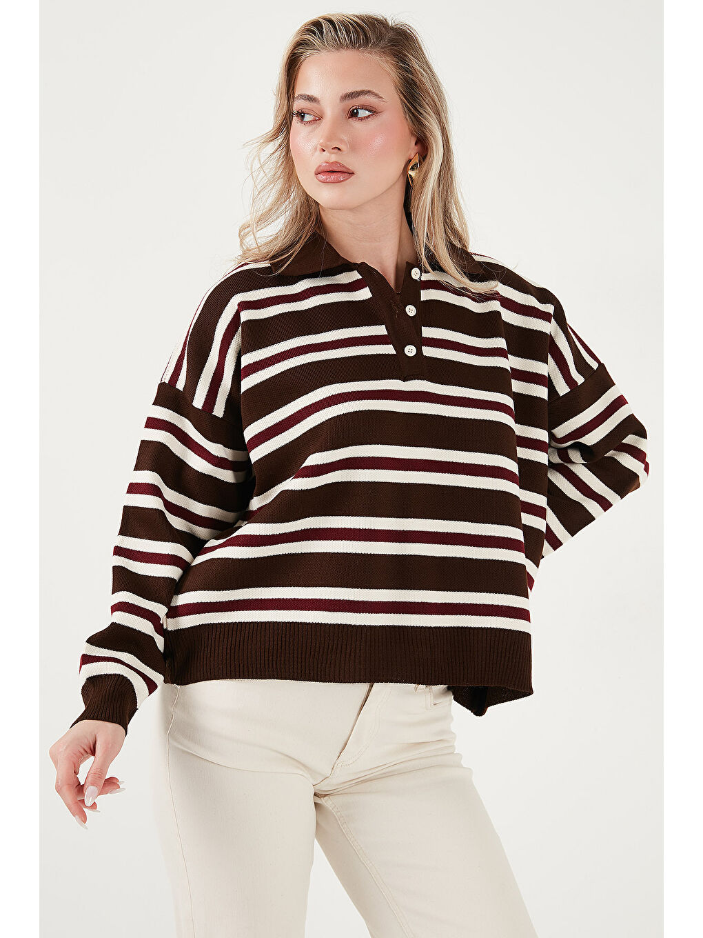 Kahverengi Çizgili Oversize Fit Düğmeli Polo Yaka Kazak 4615259