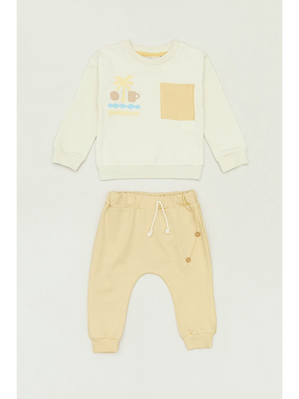 Sarı %100 Pamuklu Palmiye Baskılı Cepli Unisex Çocuk Takım