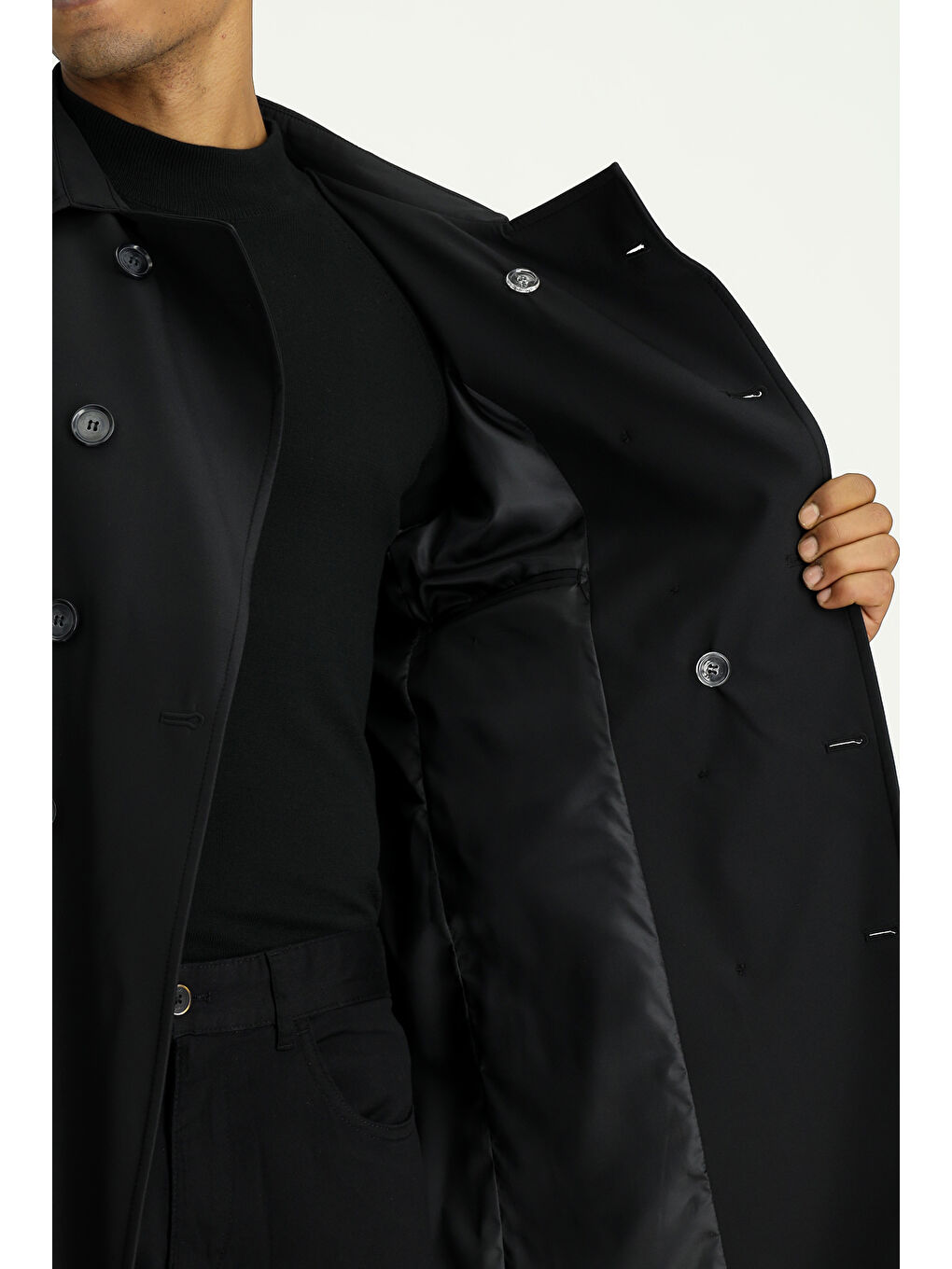 Siyah Kruvaze Pardösü & Trençkot-5