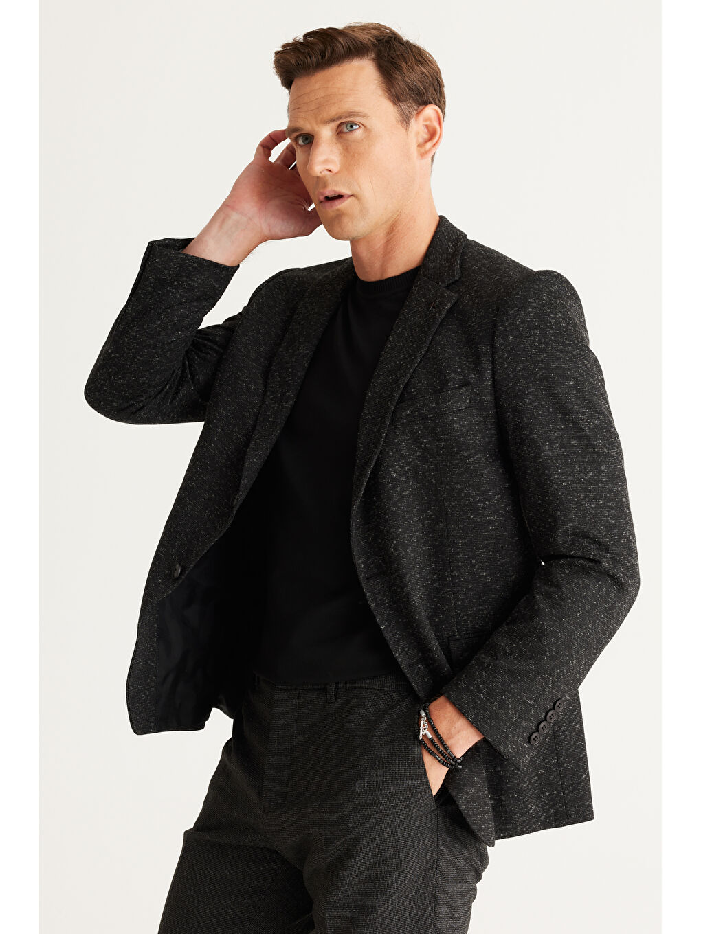 Erkek Siyah-Gri Slim Fit Geniş Kesim Mono Yaka Desenli Yünlü Ceket-1