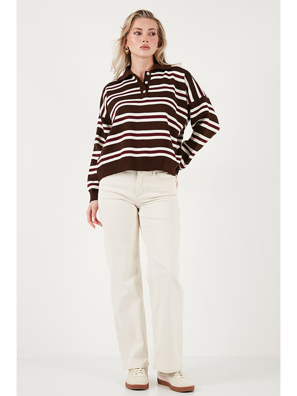 Kahverengi Çizgili Oversize Fit Düğmeli Polo Yaka Kazak 4615259-1