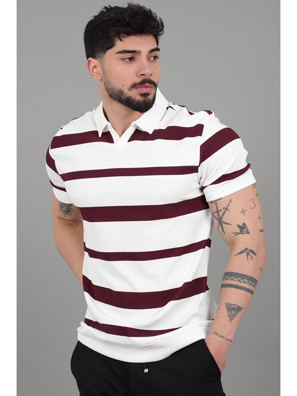 Mürdüm Çift Renk Çizgili Apaç Yaka Tişört GP 1042_30494-1