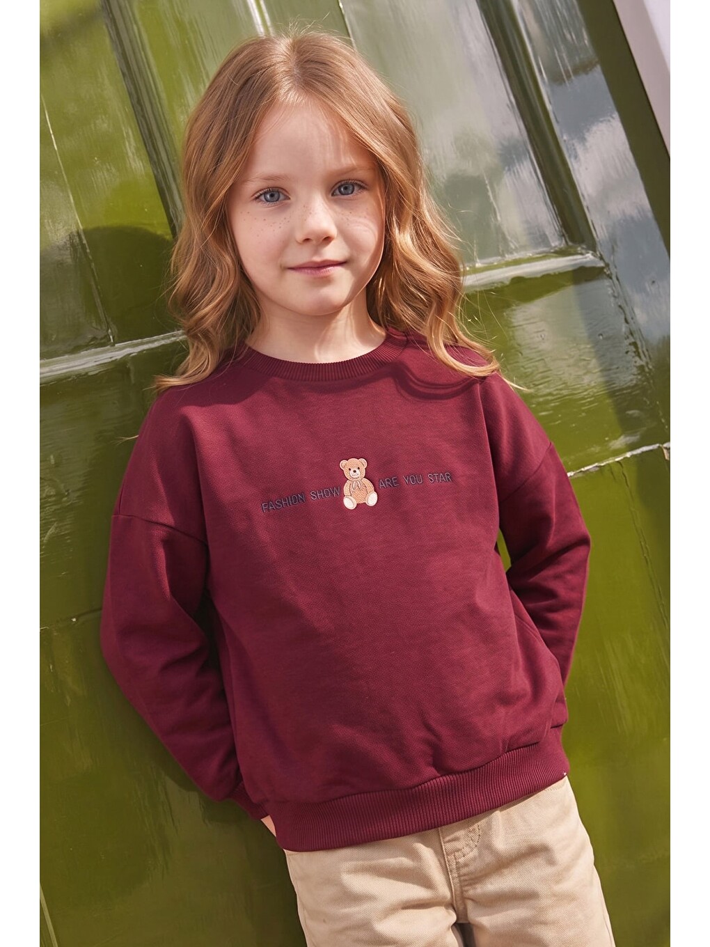 Bordo Ayıcık Baskılı Oversize Kız Çocuk Sweatshirt