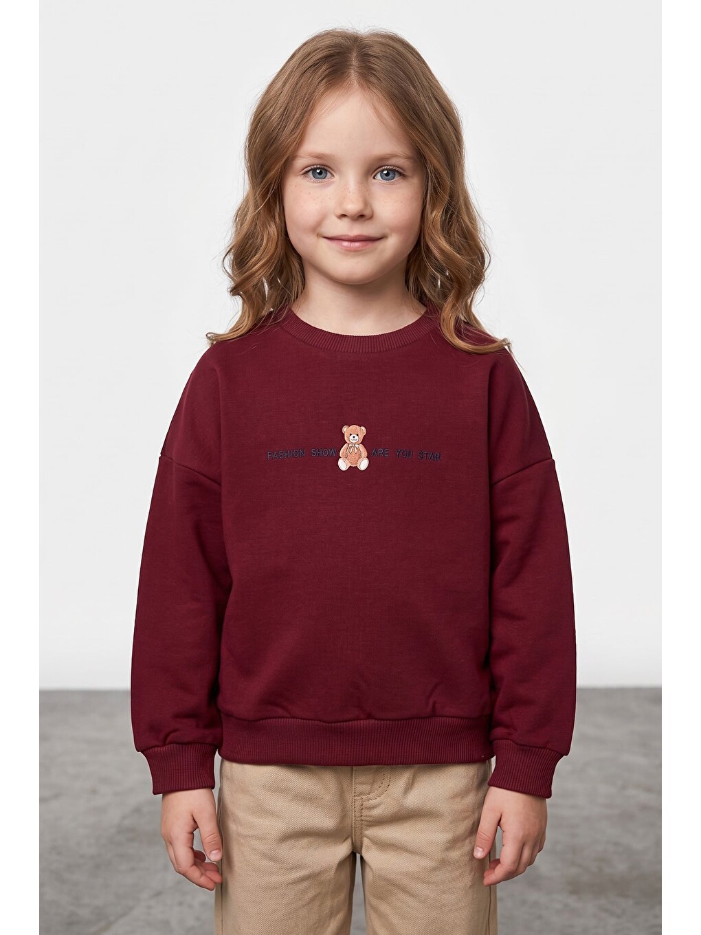Bordo Ayıcık Baskılı Oversize Kız Çocuk Sweatshirt-1