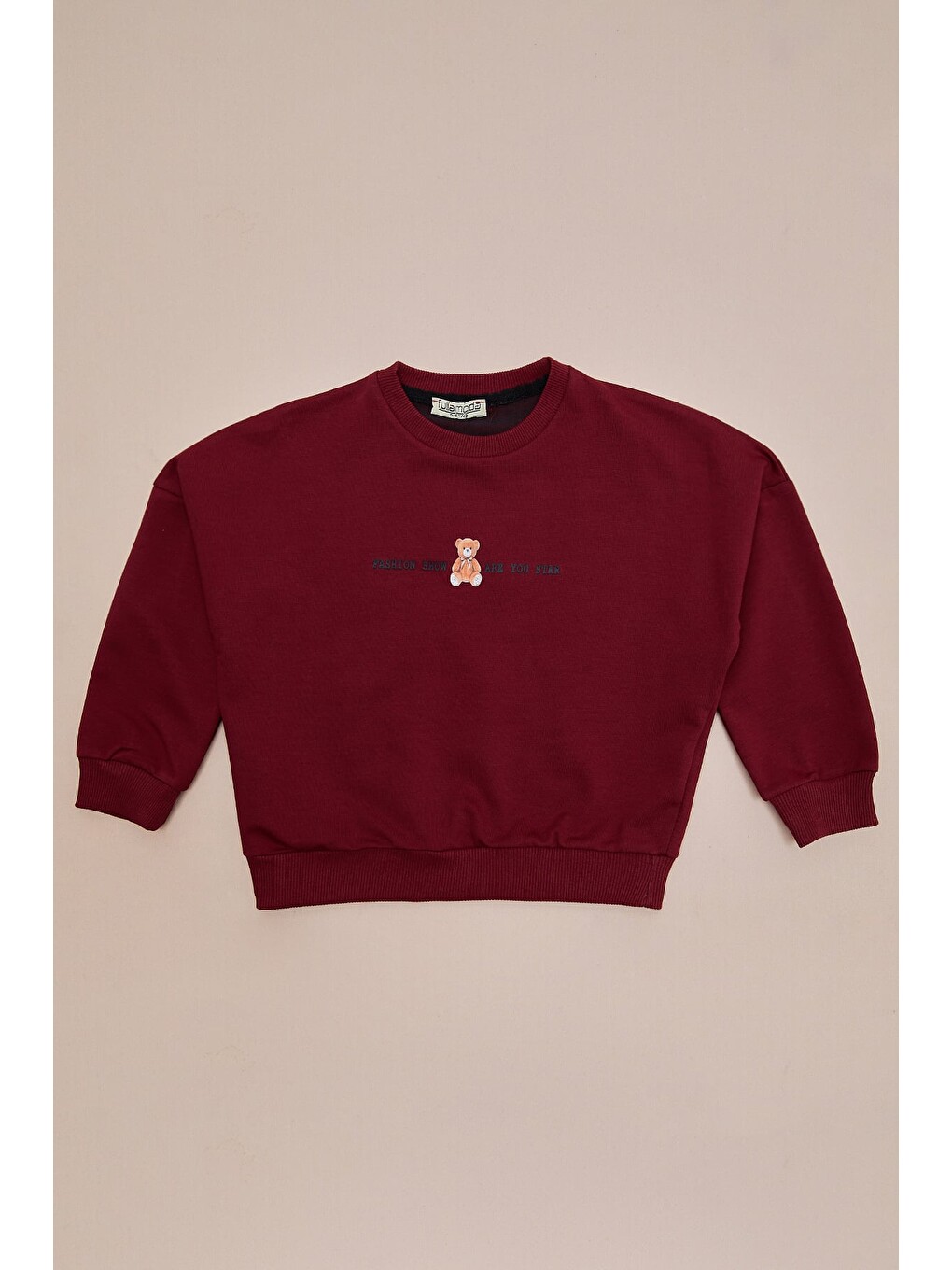 Bordo Ayıcık Baskılı Oversize Kız Çocuk Sweatshirt-2