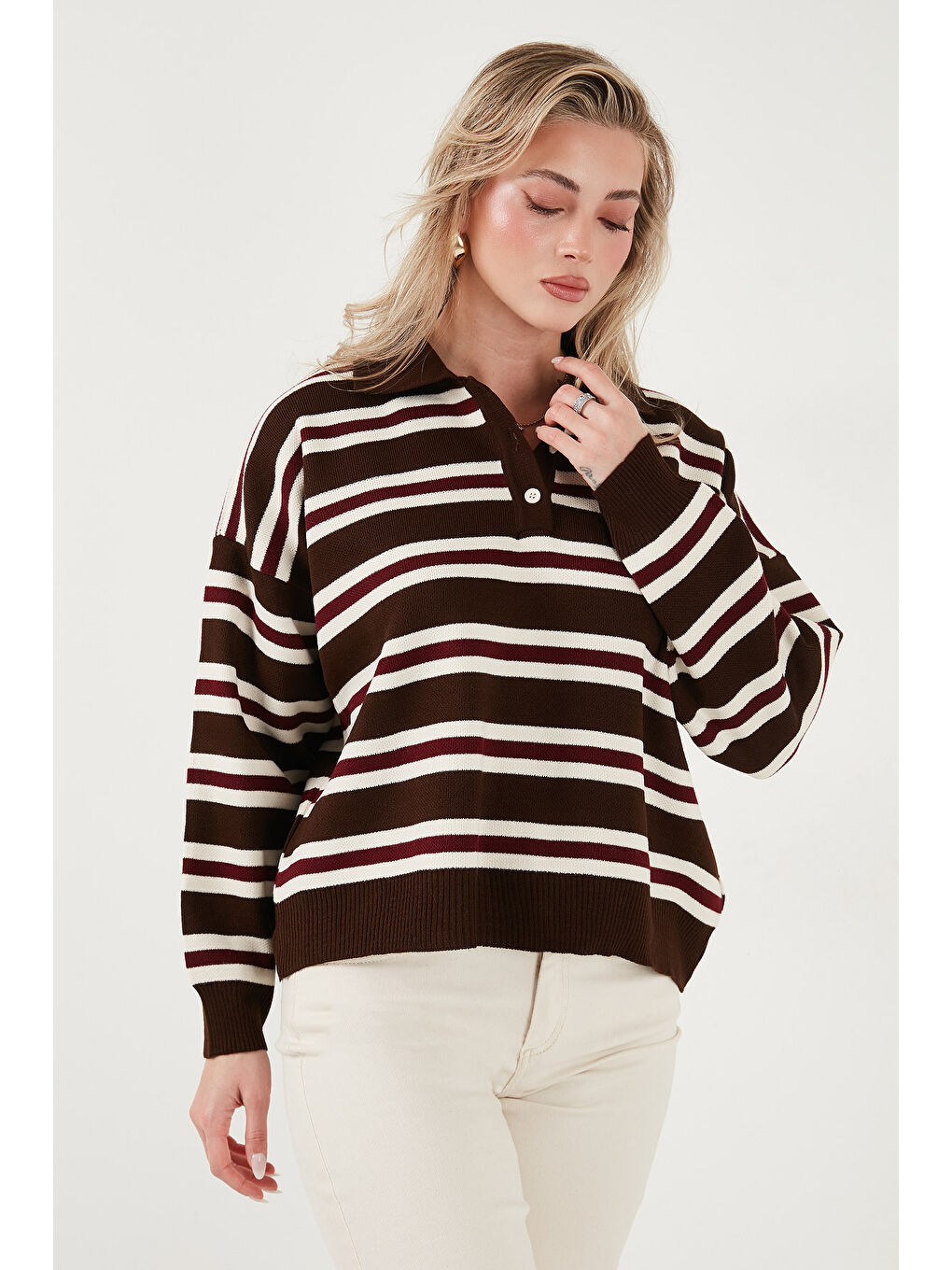 Kahverengi Çizgili Oversize Fit Düğmeli Polo Yaka Kazak 4615259-4