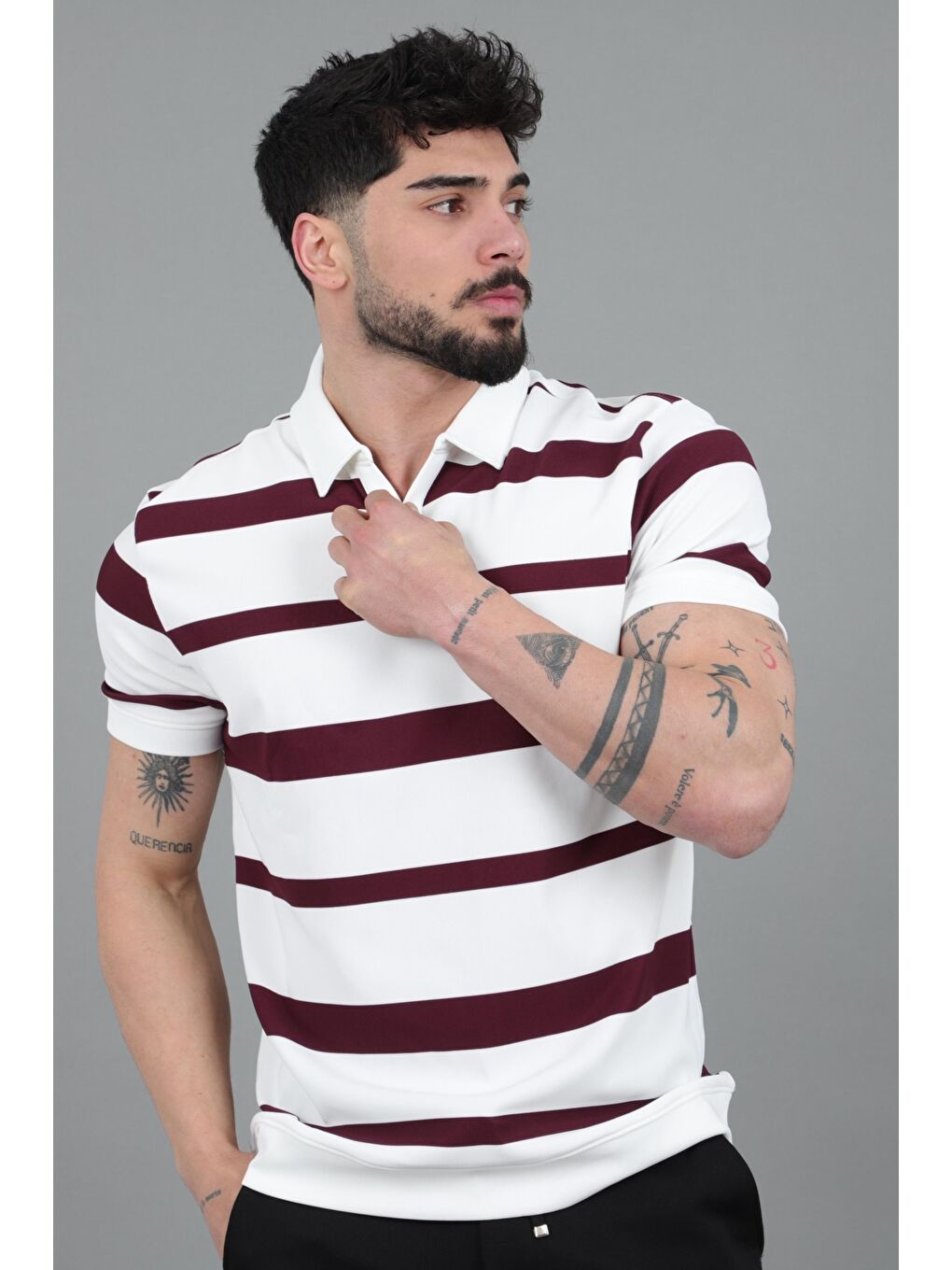 Mürdüm Çift Renk Çizgili Apaç Yaka Tişört GP 1042_30494-2