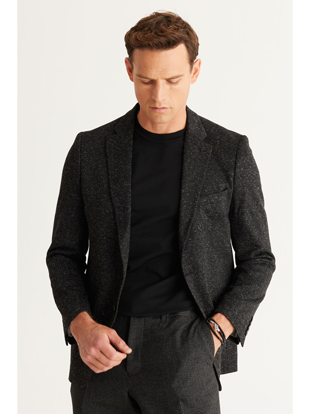 Erkek Siyah-Gri Slim Fit Geniş Kesim Mono Yaka Desenli Yünlü Ceket-3