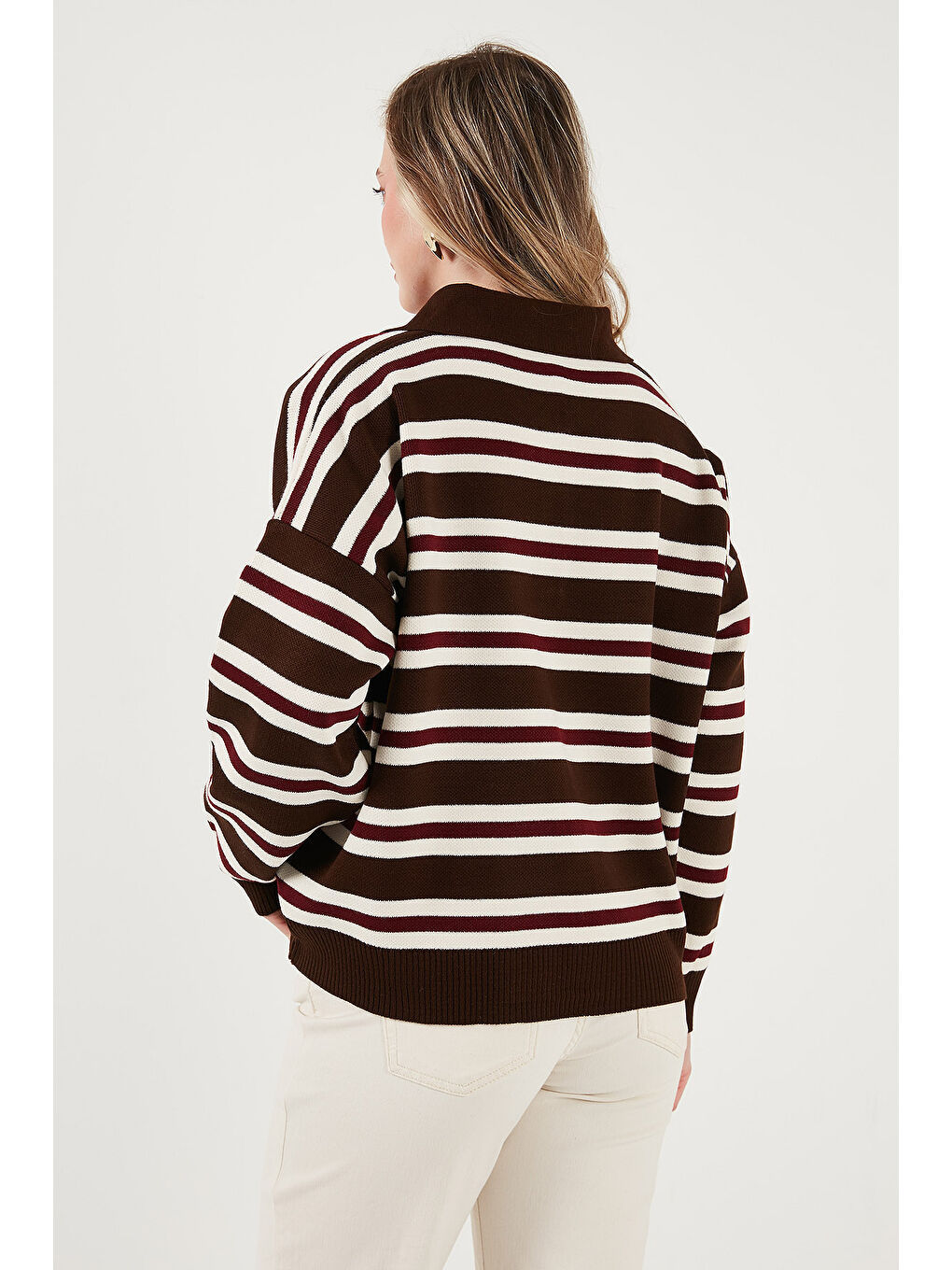Kahverengi Çizgili Oversize Fit Düğmeli Polo Yaka Kazak 4615259-5