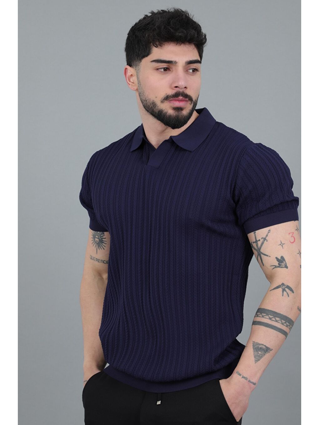 Lacivert Apaç Yaka Örgü Triko Tişört JRX 5003_30495