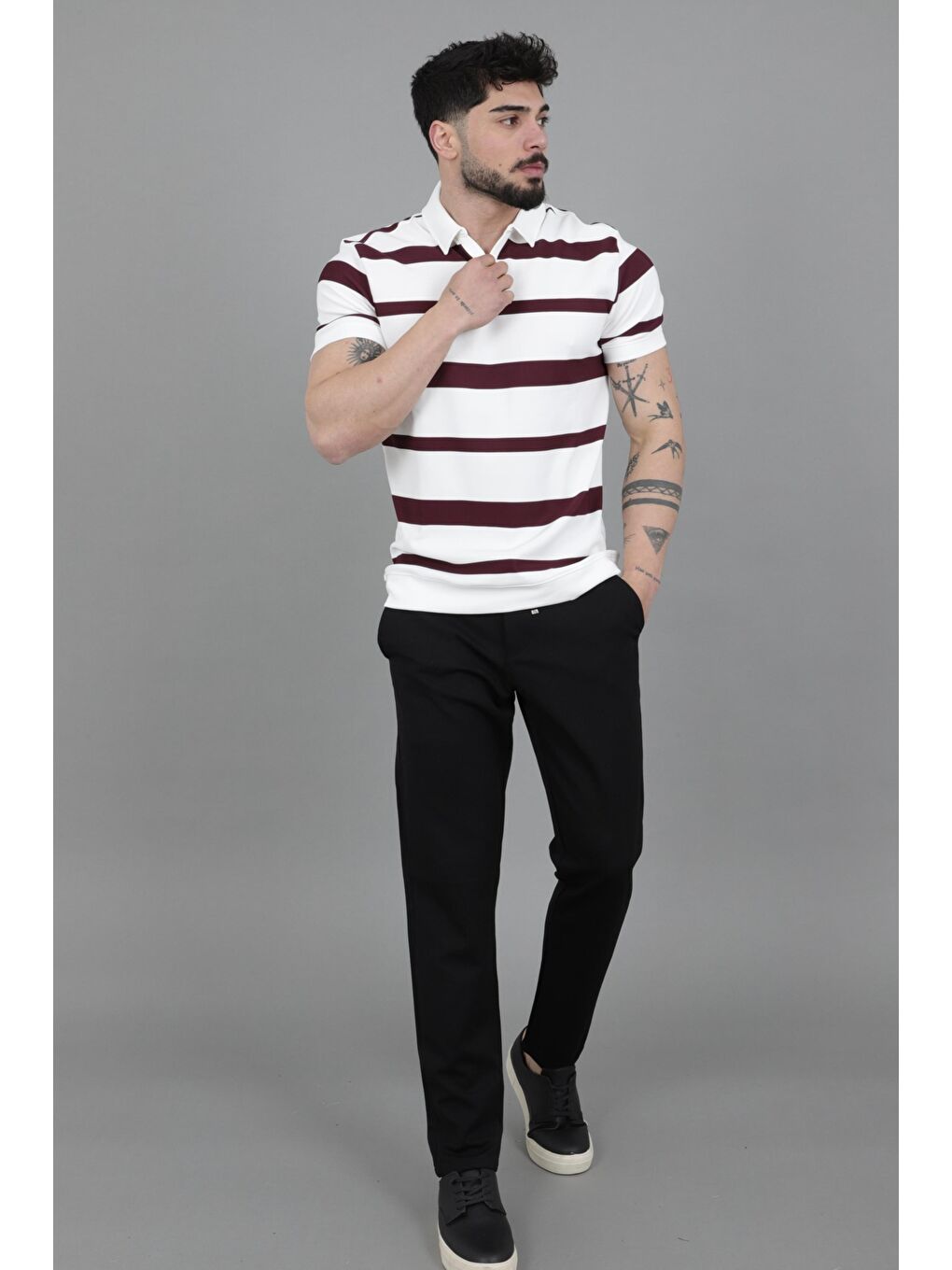 Mürdüm Çift Renk Çizgili Apaç Yaka Tişört GP 1042_30494-3