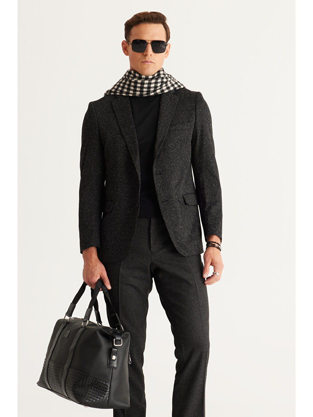 Erkek Siyah-Gri Slim Fit Geniş Kesim Mono Yaka Desenli Yünlü Ceket-4