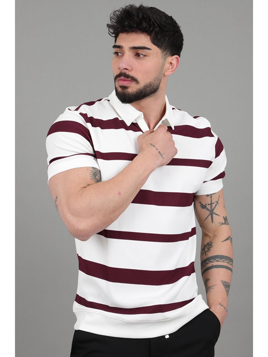 Mürdüm Çift Renk Çizgili Apaç Yaka Tişört GP 1042_30494-4