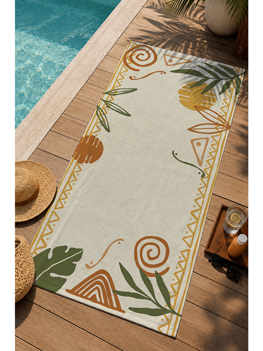 Ekru Krem Minimal Tropikal Yaprak Çizgi Desenli 70x150 Cm Dijital Baskılı Plaj Ve Banyo Havlusu-2