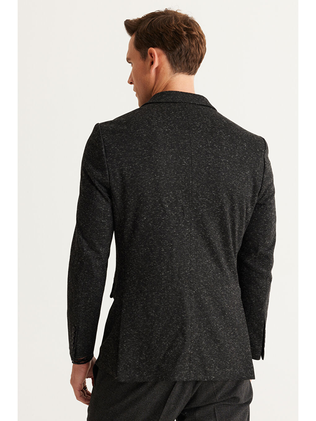 Erkek Siyah-Gri Slim Fit Geniş Kesim Mono Yaka Desenli Yünlü Ceket-6