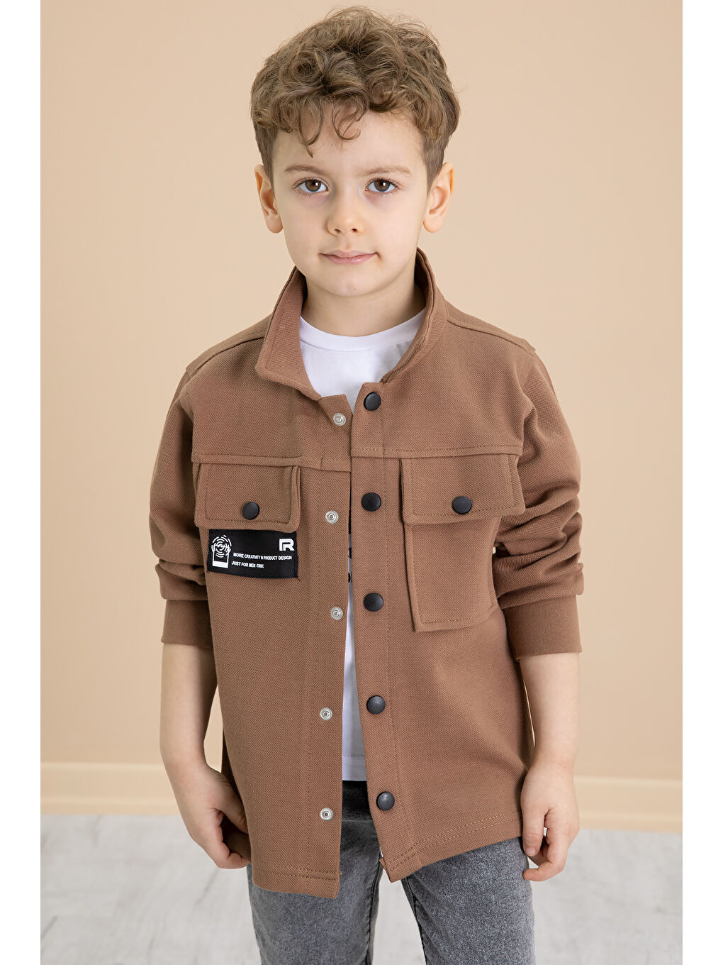 Kahverengi Taba Cep Kapaklı Gömlekli Jean Pantolonlu Erkek Çocuk 3'lü Takım 20024-2