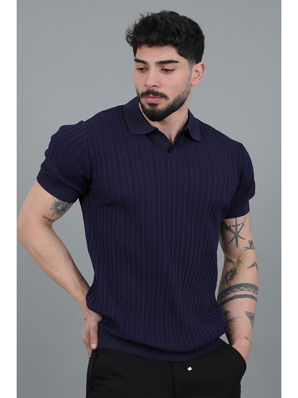 Lacivert Apaç Yaka Örgü Triko Tişört JRX 5003_30495-1